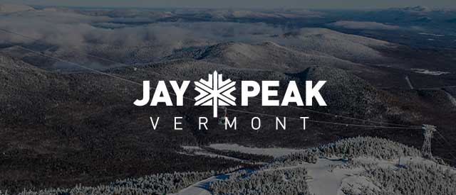 Jay Peak Resort logo over an image of the ski lifts and base camp in winter.