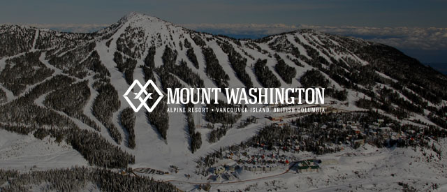 Mount Washington Resort logo over the Mountain's ski runs in winter faded out.