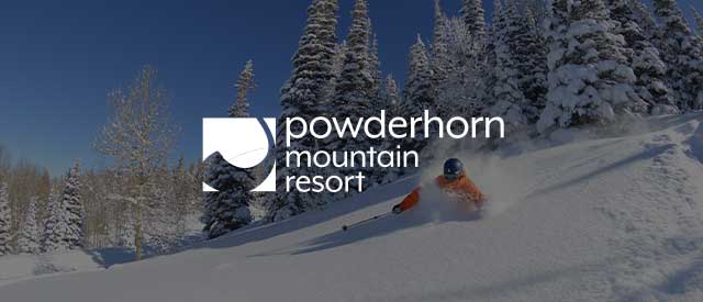 Powderhorn Resort logo over an image of the ski lifts and base camp in winter.