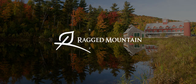 Ragged Mountain Resort logo over a view of teh barn from across a pond in autumn faded out.